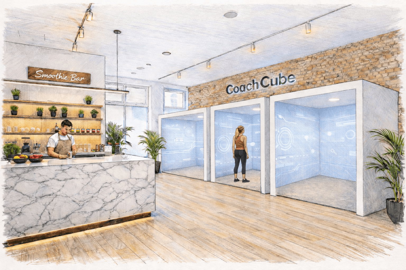 CoachCube Clapham Junction studio — smoothie bar and training cubes