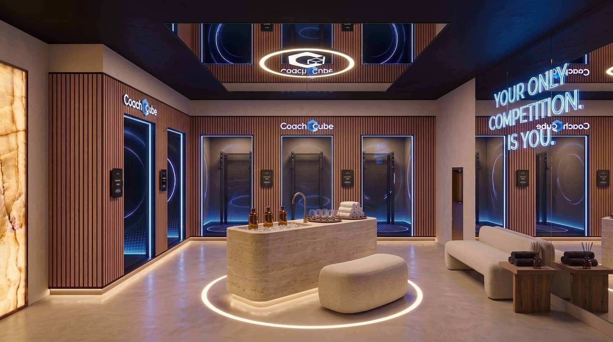CoachCube Clapham Junction studio lobby - reception counter, training cubes and lounge seating